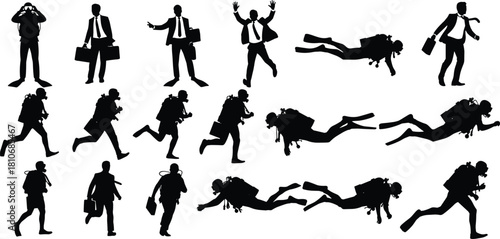 Underwater Corporate Success, Running Managers, and Professional Divers with Briefcases and Office Attire Vector Set