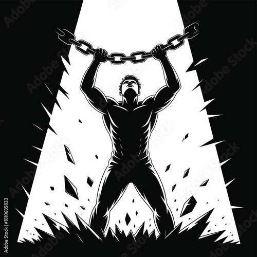 Muscular man breaking chains with dramatic lighting strong