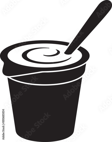 black silhouette of yogurt cup on white background, vector