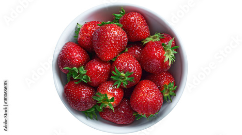 Overhead shot of ripe strawberries in a bowl on bright isolated on a Transparent background, PNG file.