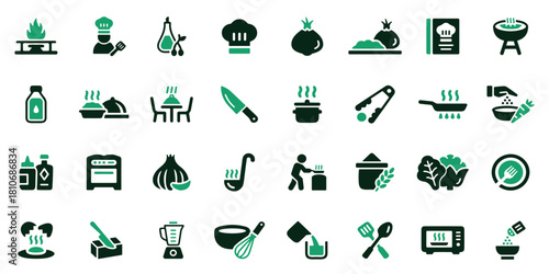 Set of cooking and kitchen utensil icons in green and black color palette