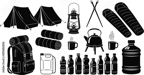Camping Gear Silhouette Set with Tent Backpack Sleeping Bag and Outdoor Equipment Vector Illustration
