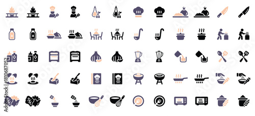 Assortment of cooking and kitchen related icons in muted color palette