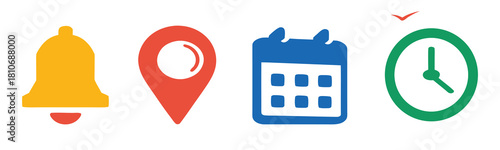 Location, time, calendar and notification bell icons set. Flat vector illustrations of pin, date, clock and bell
