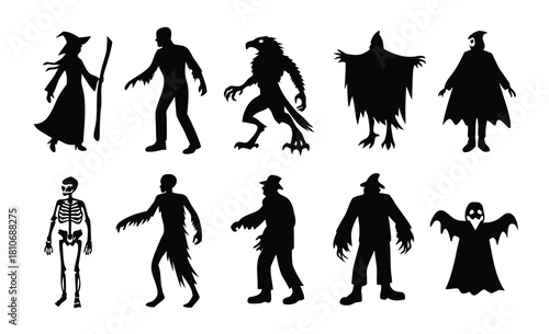 Halloween monsters silhouettes set. Witch, zombie, Dracula vampire and werewolf. Skeleton, mummy, ghost and Frankenstein monster. Cartoon characters flat vector illustrations.