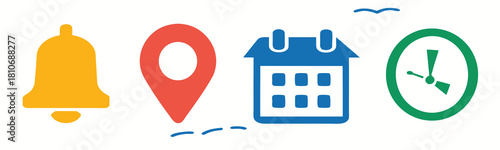Location, time, calendar and notification bell icons set. Flat vector illustrations of pin, date, clock and bell
