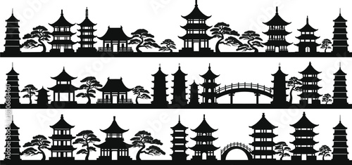 Collection of Black Vector Silhouettes Showing Traditional Chinese and Japanese Pagodas Temples Bridges and Trees for Asian Panoramic Landscape Backgrounds