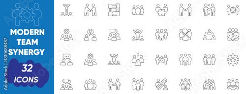 Modern Team Synergy Line Icons for Collaborative Workplace And Group Efficiency.