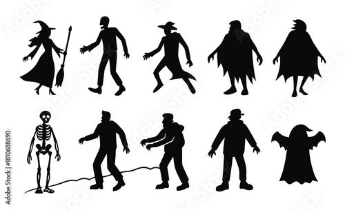 Halloween monsters silhouettes set. Witch, zombie, Dracula vampire and werewolf. Skeleton, mummy, ghost and Frankenstein monster. Cartoon characters flat vector illustrations.