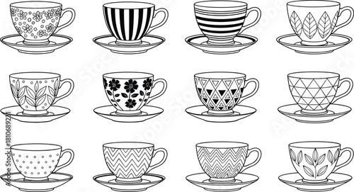 Collection of decorative teacup and saucer illustrations with diverse patterns, floral designs, geometric elements, and elegant black-and-white vector artwork