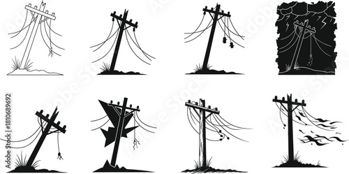 Broken utility poles vector set, damaged power line illustrations, storm-affected electrical infrastructure, fallen wooden poles and tangled cables in disaster scene artwork