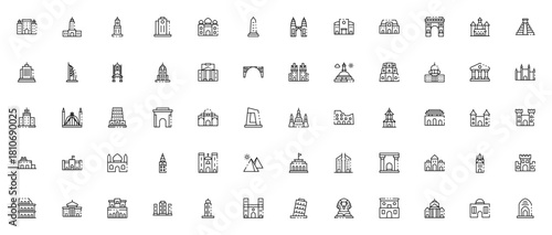 Landmarks icon set. Vector illustration featuring moument, tower, castle, pyraid, Taj Mahal, Colosseum, osque, bridge and more. Edtable stroke.