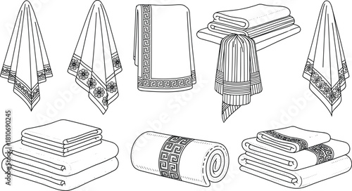 Collection of Hand Drawn Vector Sketch Bath Towels Folded Rolled and Hanging with Patterns Isolated on White Background