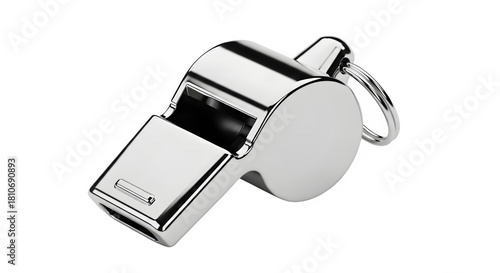 Shiny metal whistle isolated on transparent background, a tool for signaling and attracting attention