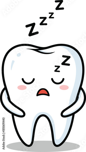 Cartoon tooth character sleeping with closed eyes, blush cheeks, and “Z” symbols in relaxed pose