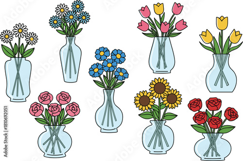 Collection of eight colorful flower vases featuring daisies, tulips, roses, and sunflowers in vibrant decorative arrangements
