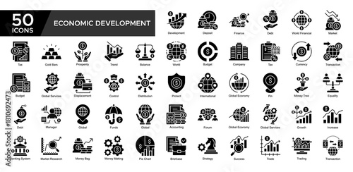 Economic Development collection set. Development, Finance ,World Financial, Global Economy, Transaction, Growth, Increase , Market Research, Strategy, icon. Simple Glyph vector illustrati