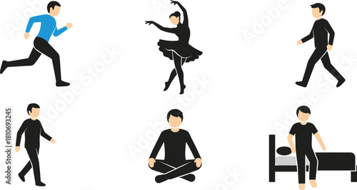 Daily human activities illustration showing running, walking, dancing, yoga, sleeping, and relaxation routines promoting health, balance, and lifestyle wellness.