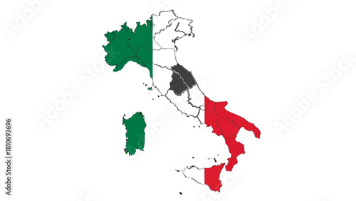 Vector illustration of map of italy country silhouette filled with italian flag colors isolated on transparent background 