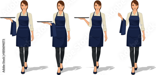 Female server in uniform holding tray and napkin, depicted in four consistent professional hospitality poses for restaurant use