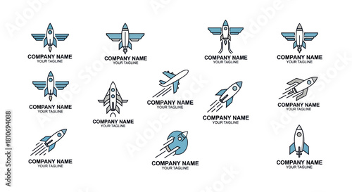 Collection of Rocket and Airplane Icons for Space Exploration and Aviation Brands.