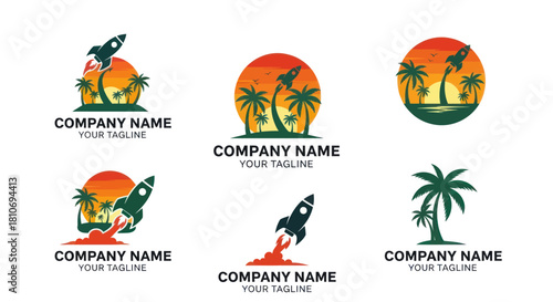 Rocket launch logo design with tropical sunset and palm trees for travel agency.