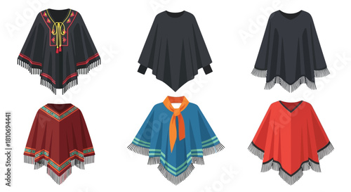 Colorful collection of illustrated ponchos and cape style outerwear designs