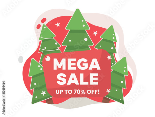 Festive Mega Sale Banner Featuring Christmas Trees, Up To 70% Off, Perfect For Holiday Promotions