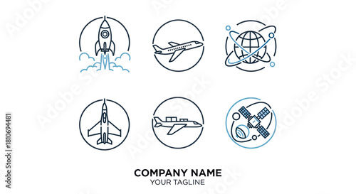 Collection of Aerospace and Aviation Icons in Circular Designs.
