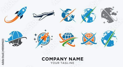 Collection of travel aviation and global logistics logo design templates.