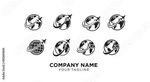 Set of monochrome globe and airplane travel logo icons.