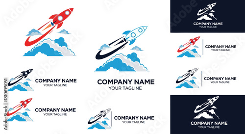 Modern Rocket Launching Over Mountain Range Logo Pack.