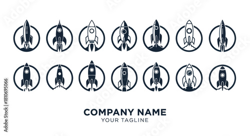 Collection of rocket ship icons in circular frames for space exploration and business.