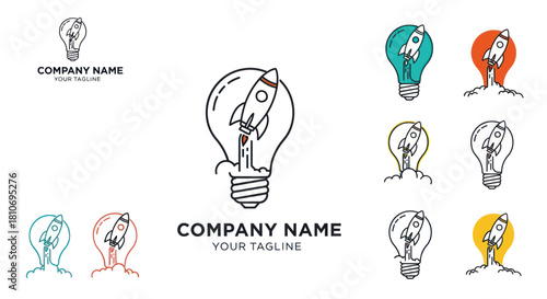 Creative startup idea logo collection with rocket and lightbulb sketch.