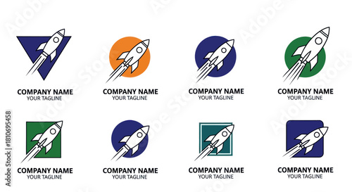 Collection of Rocket Launch Logos with Various Geometric Backgrounds.