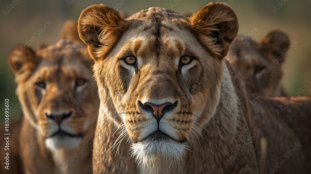 Fototapeta premium Close-up realistic photo of a pride of lions, focusing on the detailed face and eyes of the lion in front