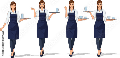 Waitress in professional uniform holding tray with drinks in four different serving poses and gestures on white background