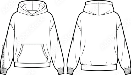 Oversized hoodie technical fashion illustration flat sketch vector template showing front and back views with kangaroo pocket for clothing design mockups.