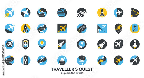 Travellers Quest vector icon set for global exploration and adventure.