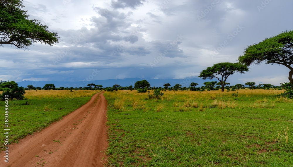 Fototapeta premium Time lapse of dramatic storm clouds gathering over a solitary dirt road cutting through the vast, detailed emerald grasslands of the African savanna
