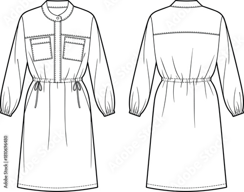Shirt dress technical fashion illustration flat sketch vector template, featuring stand collar, drawstring waist, and chest pockets, front and back views.