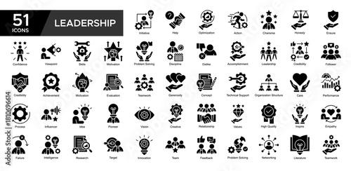 Leadership collection set. Initiative, Optimization ,Skills, Problem Solving, Leadership, Credibility , Performance, Tchnical Support, icon. Simple Glyph vector illustrati