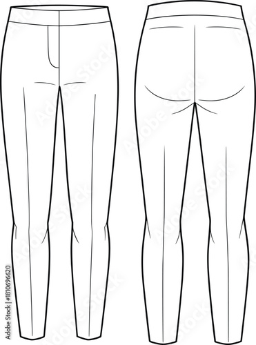 Slim fit formal trousers technical fashion illustration flat sketch vector template, front and back views with pressed creases for design.