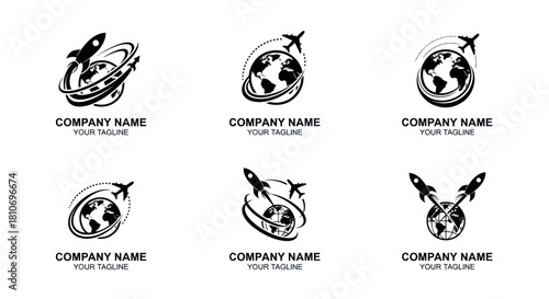 Collection of Travel and Exploration Logo Designs with Globe and Aircraft Elements.