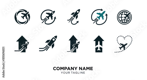 Collection of travel and transport logos with airplanes and rockets for various companies.