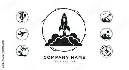 Rocket Launching into the Sky with Clouds and Geometric Frame.