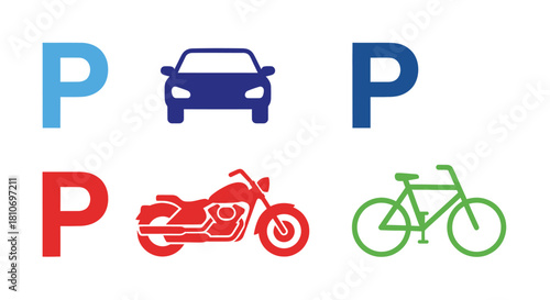 A collection of colorful parking symbols and vehicle icons for cars, motorcycles, and bicycles.