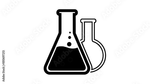 Vector illustration of two laboratory flask icons, one filled with bubbling liquid, representing chemistry experiment isolated on transparent background 