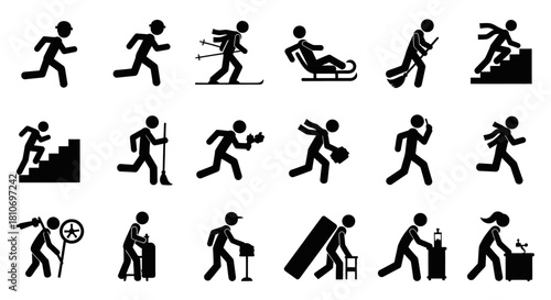 Set of stick figures depicting various activities and actions.