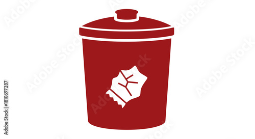 Red trash can with a white crumpled paper icon on its side, symbolizing waste, disposal, or recycling efforts.